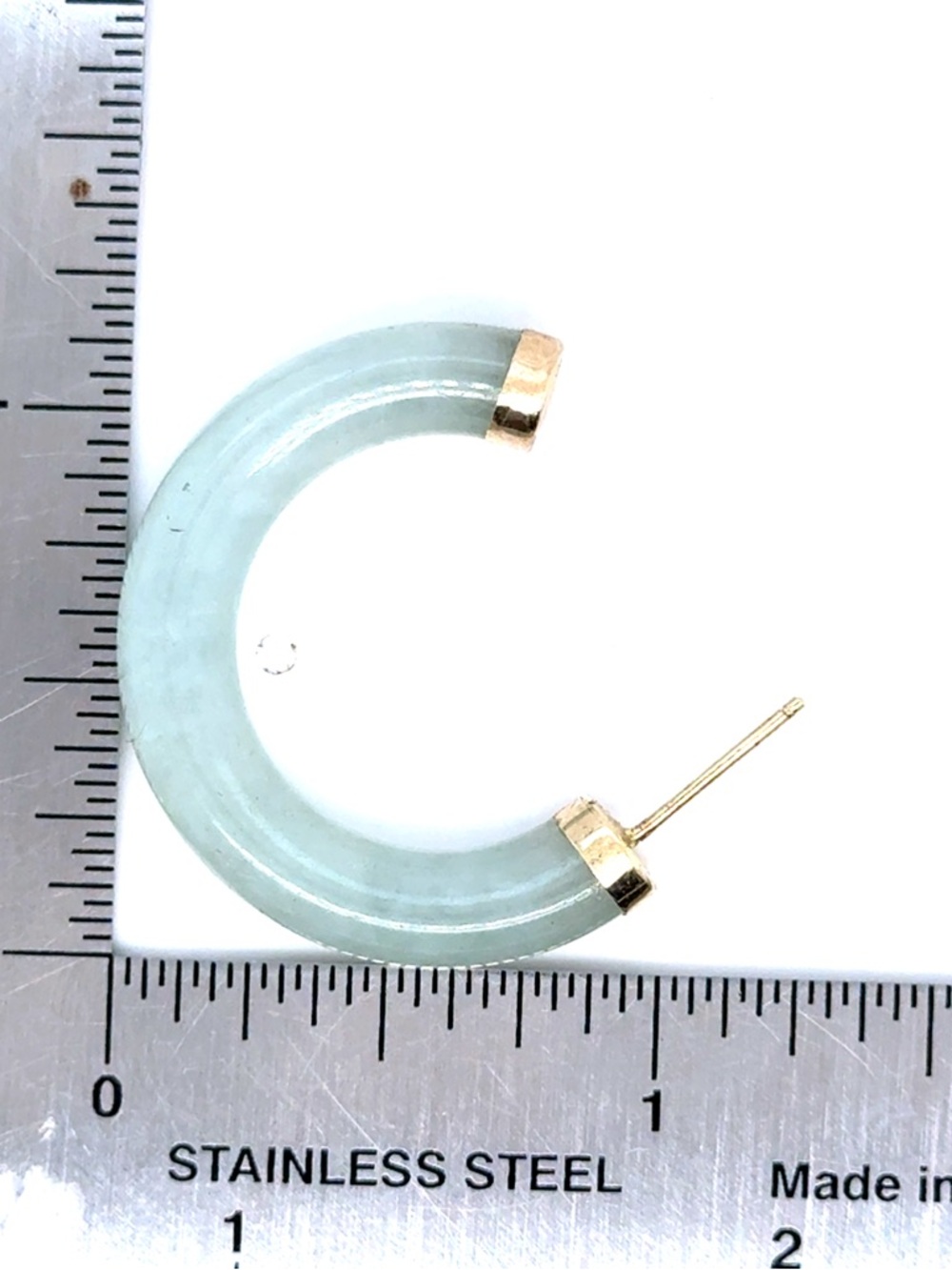 14K Gold Trim Pale Green Jade Hoop Earrings - Picture 4 of 9